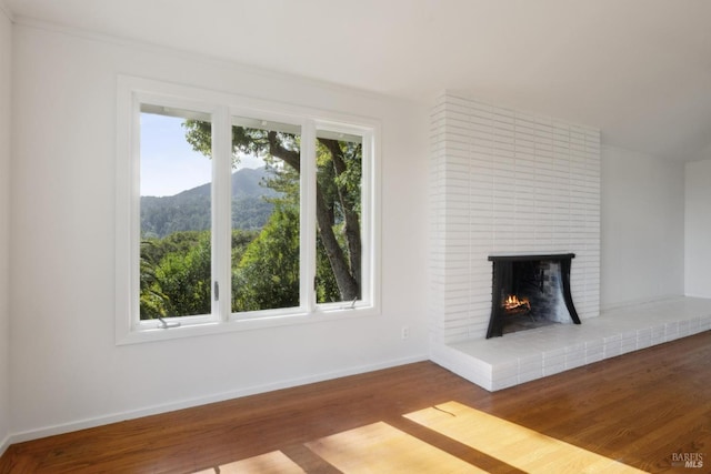 unfurnished living room featuring a mountain view, hardwood / wood-style floors, and a fireplace