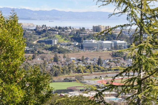 bird's eye view featuring a water and mountain view