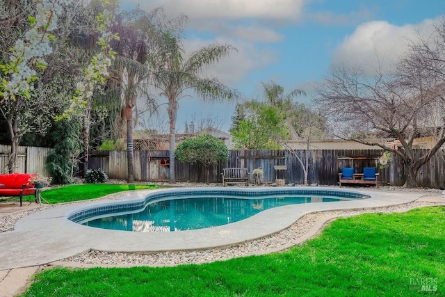 view of swimming pool featuring a fenced in pool, a fenced backyard, a yard, and a patio