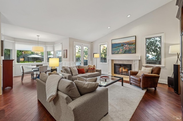 living room with lofted ceiling and dark hardwood / wood-style flooring