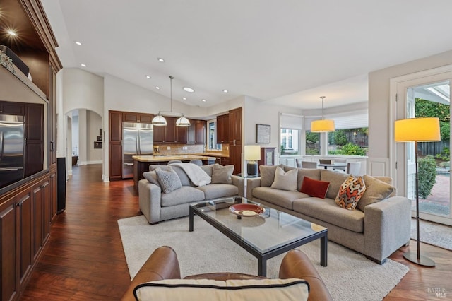 living room featuring high vaulted ceiling and dark hardwood / wood-style floors