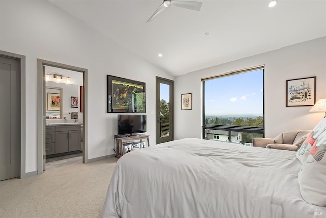 bedroom with lofted ceiling, ensuite bath, ceiling fan, access to exterior, and light carpet