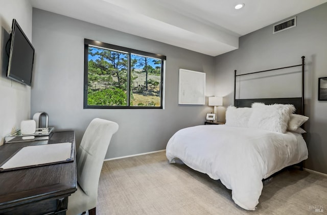 carpeted bedroom with visible vents, recessed lighting, and baseboards