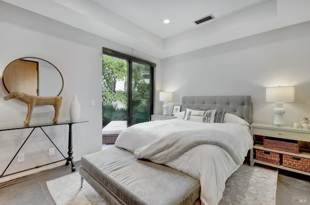 bedroom featuring access to exterior, visible vents, and recessed lighting