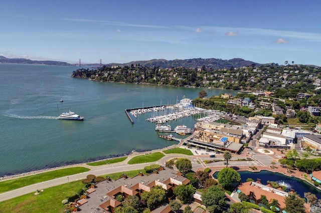 drone / aerial view with a water and mountain view