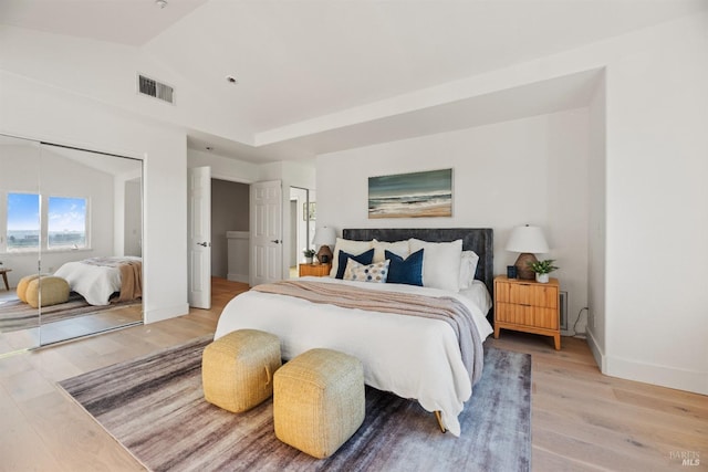 bedroom featuring lofted ceiling, wood-type flooring, and multiple closets