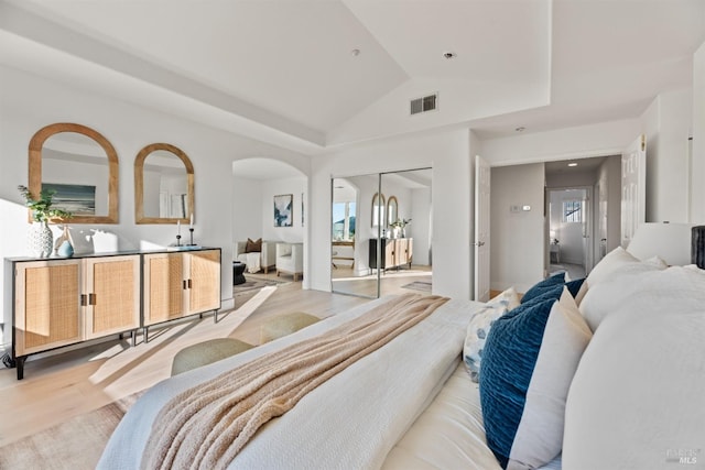 bedroom with vaulted ceiling, light wood-type flooring, and a closet