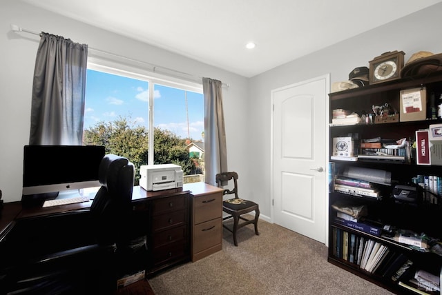 office area featuring light carpet