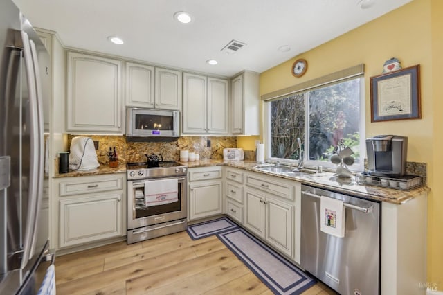 kitchen featuring tasteful backsplash, appliances with stainless steel finishes, sink, and light wood-type flooring