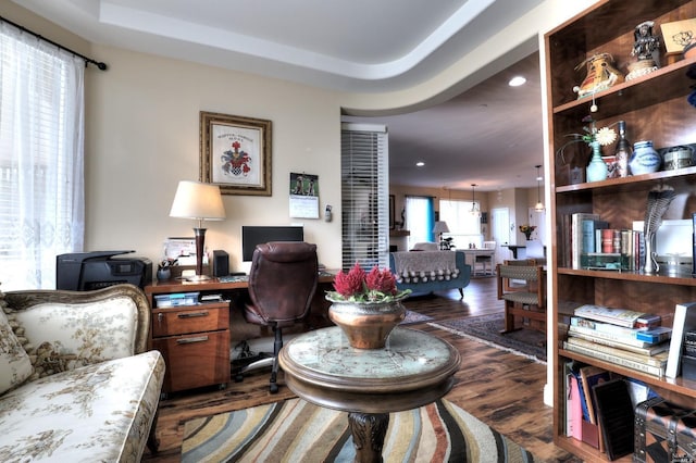 office area with dark hardwood / wood-style flooring