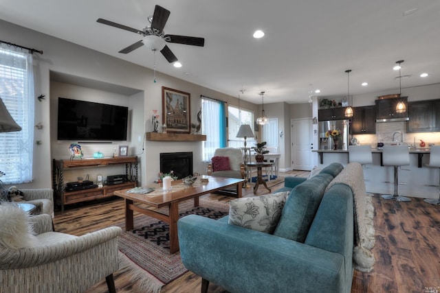 living room with ceiling fan and dark hardwood / wood-style flooring