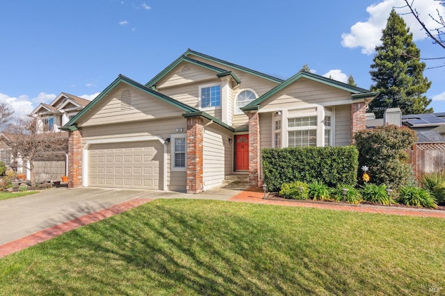 view of front of property featuring an attached garage, brick siding, fence, concrete driveway, and a front yard