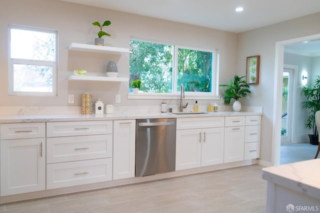 kitchen featuring a wealth of natural light, white cabinets, a sink, and stainless steel dishwasher