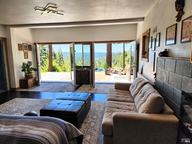 living area with a textured wall and a textured ceiling