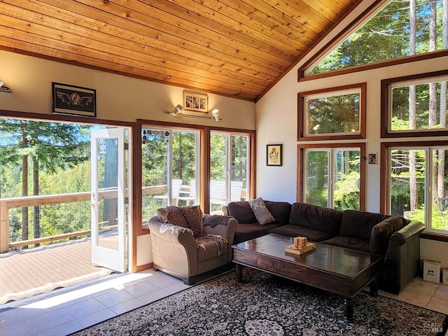 living room featuring light tile patterned floors, high vaulted ceiling, and wooden ceiling