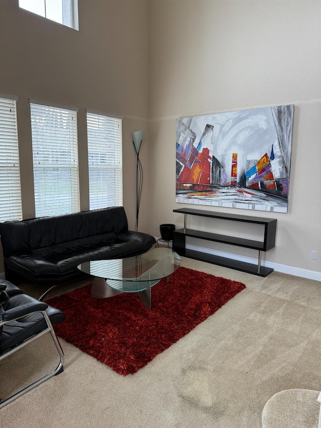 interior space with carpet floors, a towering ceiling, and baseboards