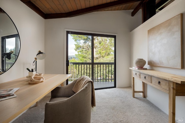 carpeted home office featuring wooden ceiling and vaulted ceiling with beams