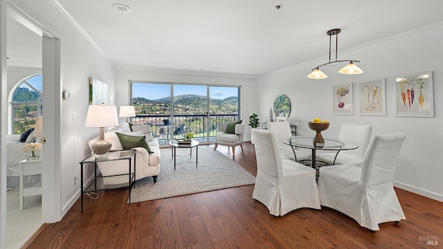 dining area featuring dark wood-type flooring, crown molding, and a mountain view