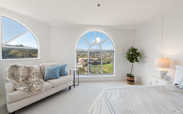 bedroom with crown molding and light colored carpet