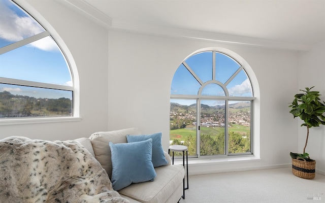 living area with ornamental molding, plenty of natural light, and carpet flooring