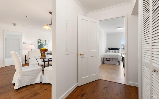 hall with crown molding and dark wood-type flooring