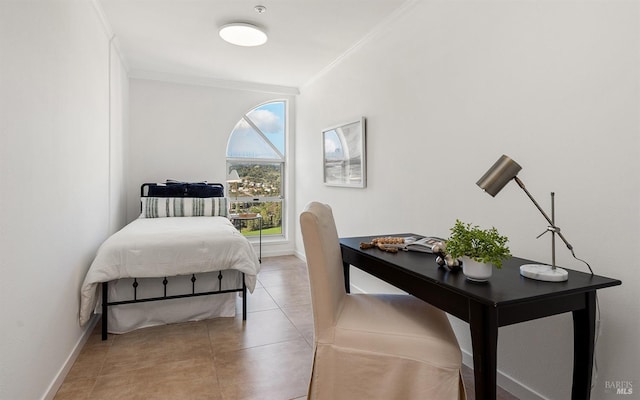 tiled bedroom featuring crown molding