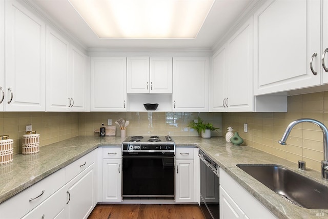 kitchen featuring dishwasher, sink, white cabinets, light stone counters, and electric stove