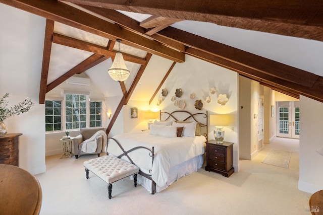 bedroom with an AC wall unit, lofted ceiling with beams, light colored carpet, a notable chandelier, and french doors