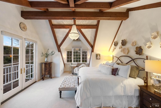 carpeted bedroom with french doors, access to exterior, and lofted ceiling with beams