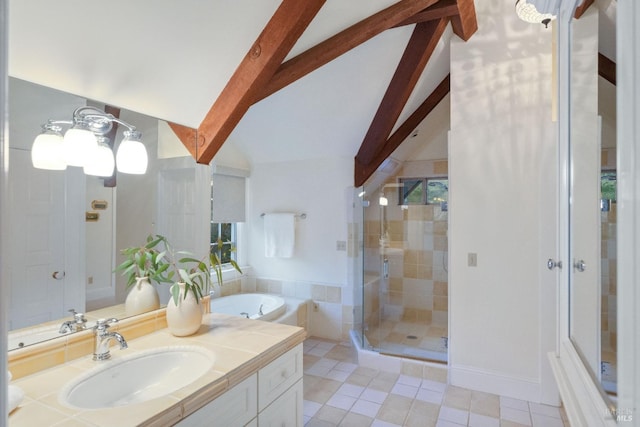 bathroom with vanity, vaulted ceiling with beams, tile patterned flooring, and plus walk in shower