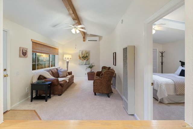 living room with light colored carpet, ceiling fan, lofted ceiling with beams, and an AC wall unit