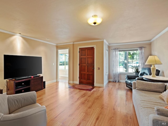 living room with crown molding, plenty of natural light, and light hardwood / wood-style floors