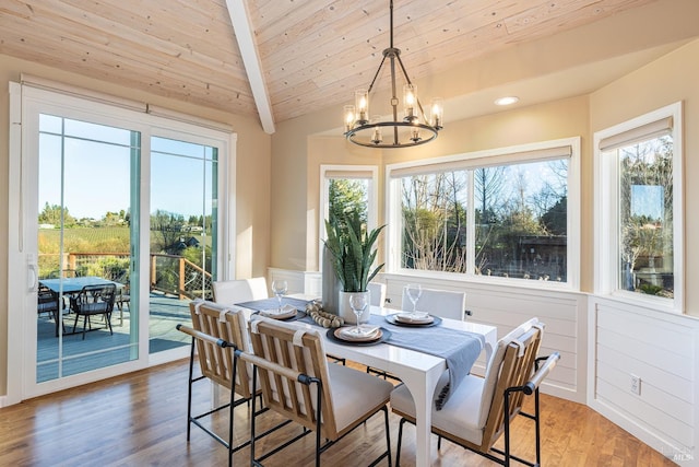 dining room featuring wood ceiling, a notable chandelier, plenty of natural light, and wood finished floors