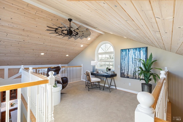 office area with lofted ceiling, wooden ceiling, a ceiling fan, baseboards, and carpet