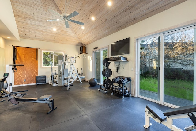 workout area featuring lofted ceiling, wooden ceiling, baseboards, and recessed lighting