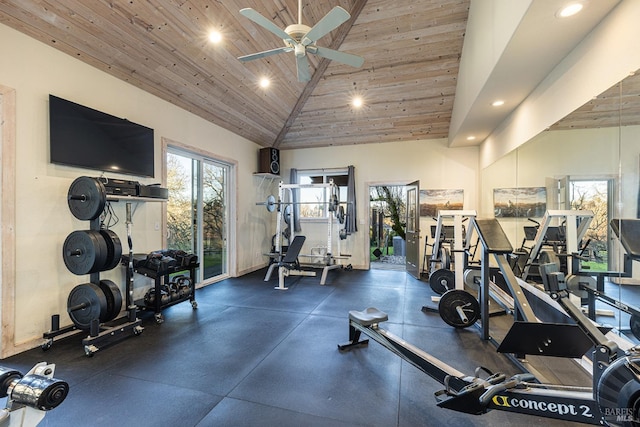 gym with high vaulted ceiling, wooden ceiling, a ceiling fan, and recessed lighting