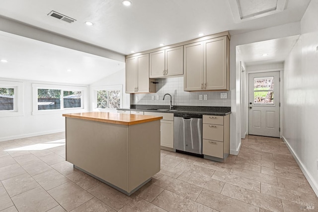 kitchen with sink, butcher block counters, backsplash, stainless steel dishwasher, and plenty of natural light