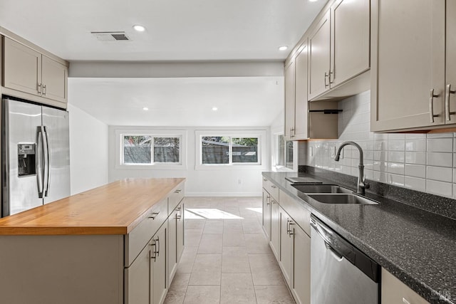 kitchen featuring gray cabinets, tasteful backsplash, butcher block counters, sink, and stainless steel appliances