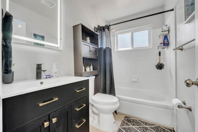 bathroom with tile patterned floors, shower / bath combination with curtain, visible vents, toilet, and vanity