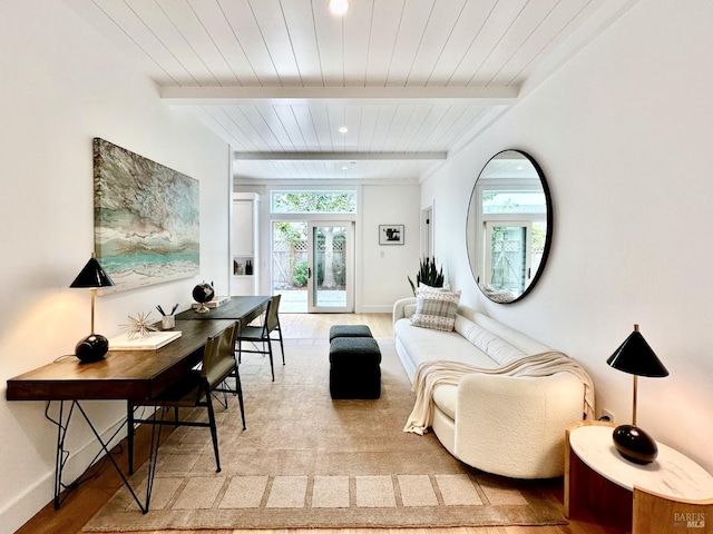 living room featuring wooden ceiling and beam ceiling