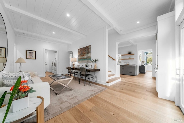 living room featuring stairs, wooden ceiling, light wood finished floors, beamed ceiling, and recessed lighting