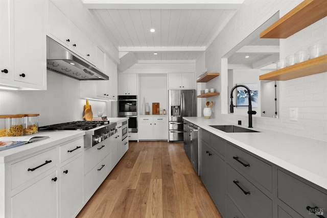 kitchen with beamed ceiling, white cabinetry, sink, gray cabinetry, and stainless steel appliances