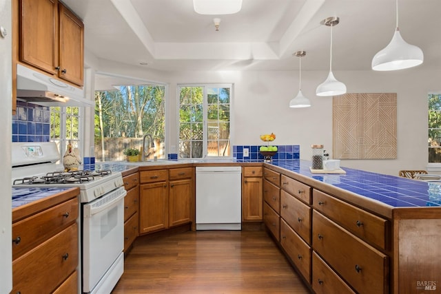 kitchen with a peninsula, white appliances, decorative light fixtures, and under cabinet range hood