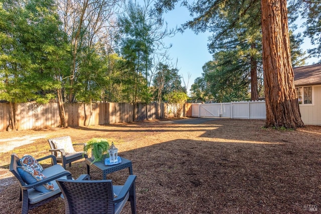 view of yard with a fenced backyard and a gate