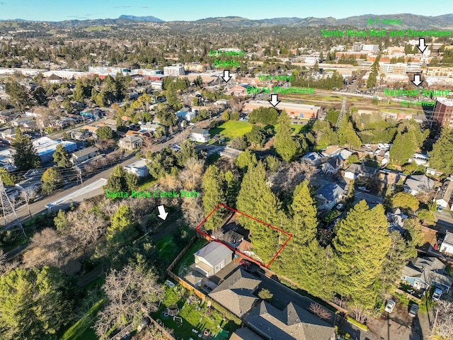 birds eye view of property featuring a residential view and a mountain view