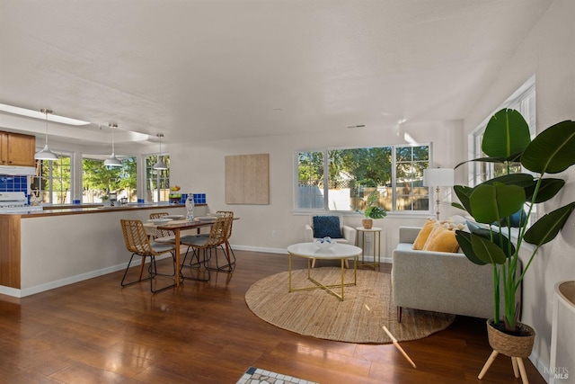 interior space featuring plenty of natural light, baseboards, and dark wood finished floors