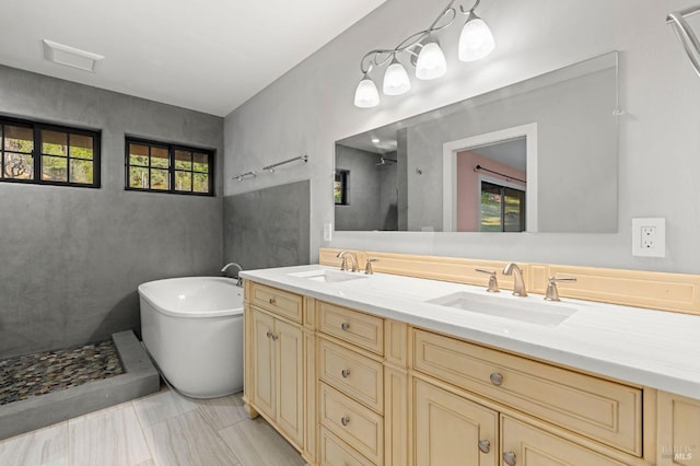 bathroom featuring a freestanding tub, a sink, and double vanity