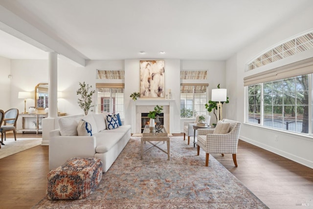 living room with a tile fireplace and dark wood-type flooring