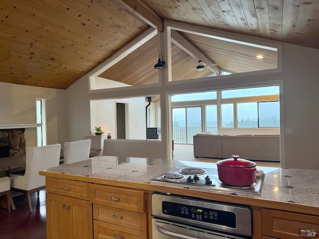 kitchen featuring lofted ceiling with beams, wood ceiling, dark wood-type flooring, oven, and stainless steel electric stovetop