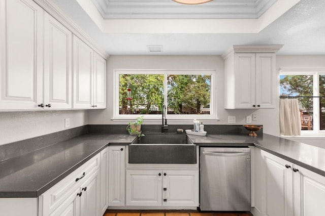 kitchen with white cabinets, a sink, and stainless steel dishwasher